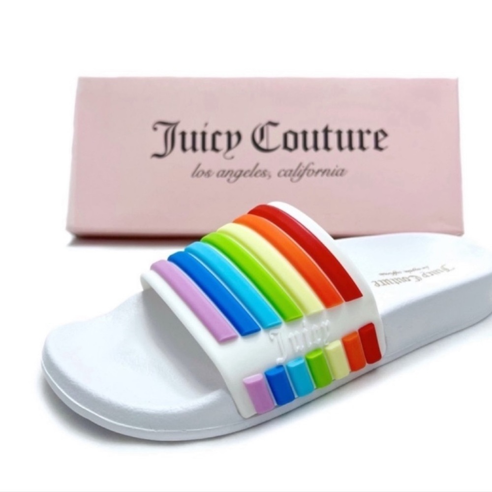Juicy Couture Rainbow Slides NEW White Multi Stripe Wynnie Pool Sandals Size 9
